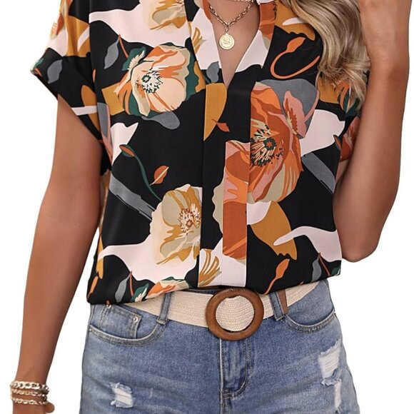 Women's Floral Print Notched Neck Short Sleeve Casual Summer Blouse Top Size Med - Picture 1 of 8